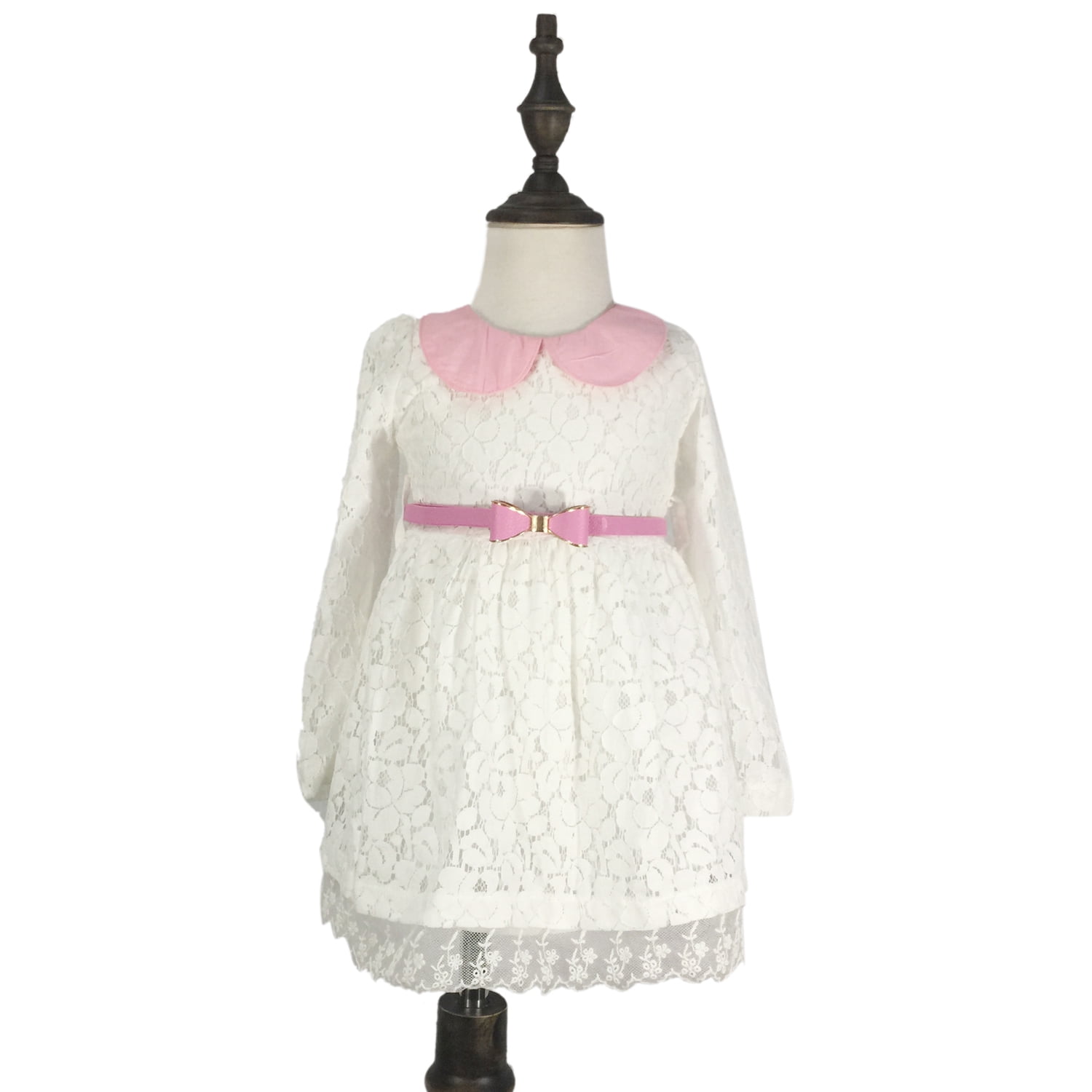 K-Cliffs Toddler/Little Girls Long Sleeve Lace Dress with Belt, White Size 130 Girls