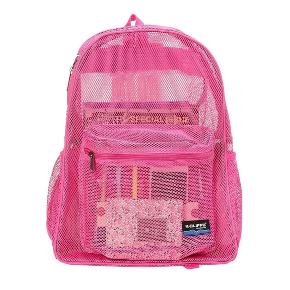 K-Cliffs Transparent Mesh Backpack with Side Pockets and Zipper, Padded Student Net Bookbag, Hot Pink