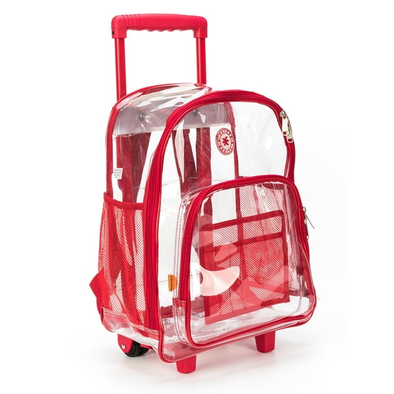 K-Cliffs Unisex 17" Rolling Clear Backpack Heavy Duty See-Thru Daypack School, Business, Travel Luggage Red, Teen-Adult