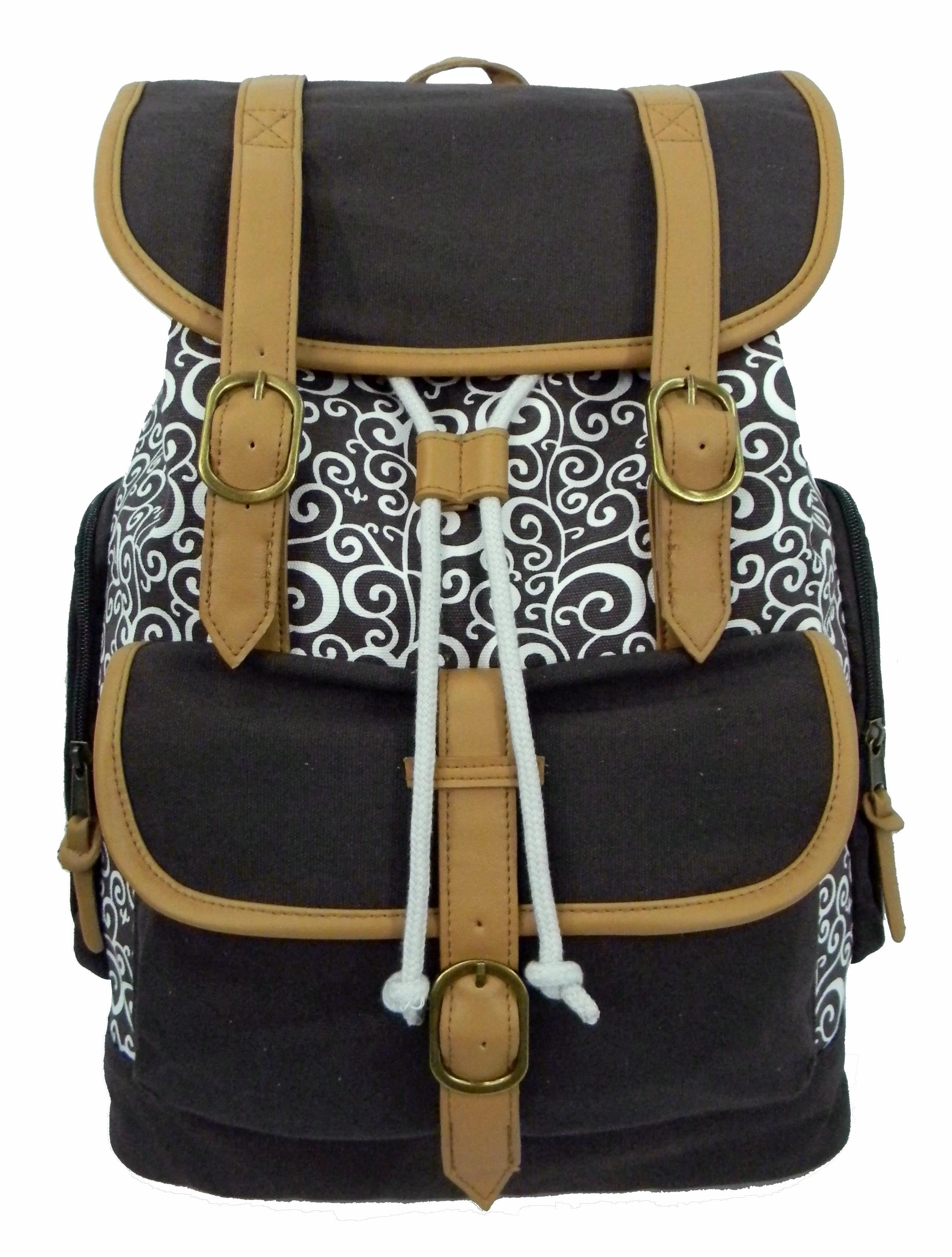 K-Cliffs Unisex Canvas Printed Laptop School Backpack in Black/Grey with Brown Trim,Teen-Adult