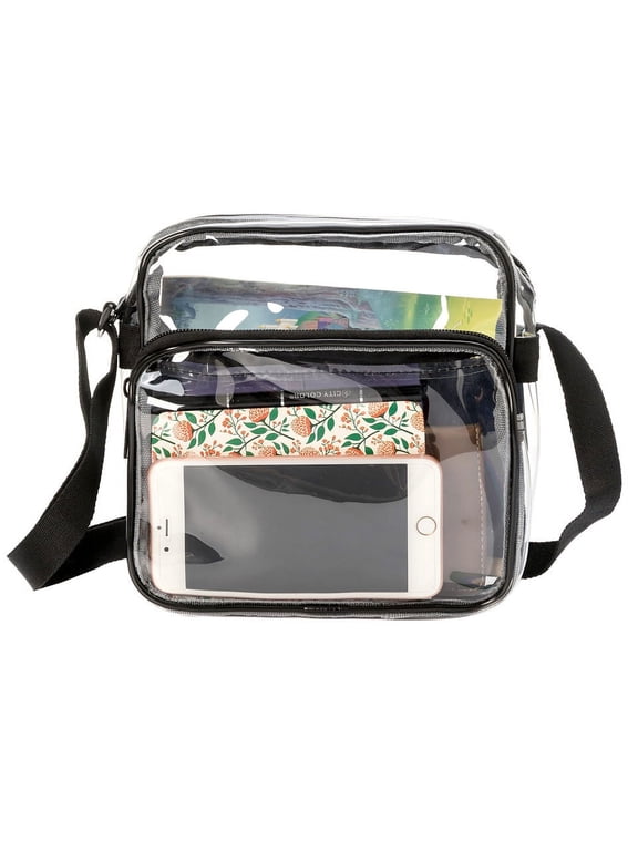 Unisex Heavy Duty 8" Clear High Quality Transparent Shoulder Bag, All Stadium and venue Approved. Small Handbag with Adjustable Strap Black Trim Teen-Adult