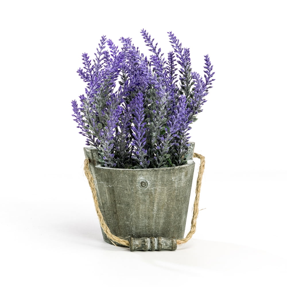 K-Cliffs Vintage Bouquet of Artificial Lavender Flowers  Potted in a Rustic Gray Wooden Metal Planter Pot   6.7Dia x 8.3H inches; 5Dia x 4.3 inches