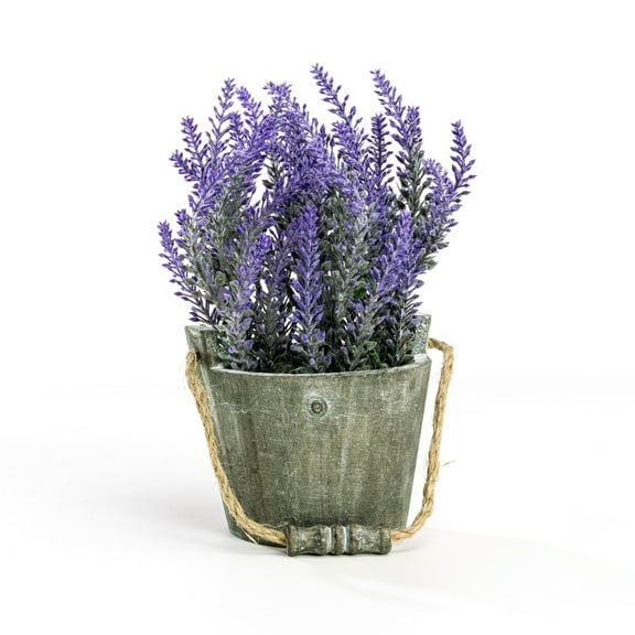 K-Cliffs Vintage Bouquet of Artificial Lavender Flowers Potted in a Rustic Gray Wooden Metal Planter Pot 6.7Dia x 8.3H inches; 5Dia x 4.3 inches