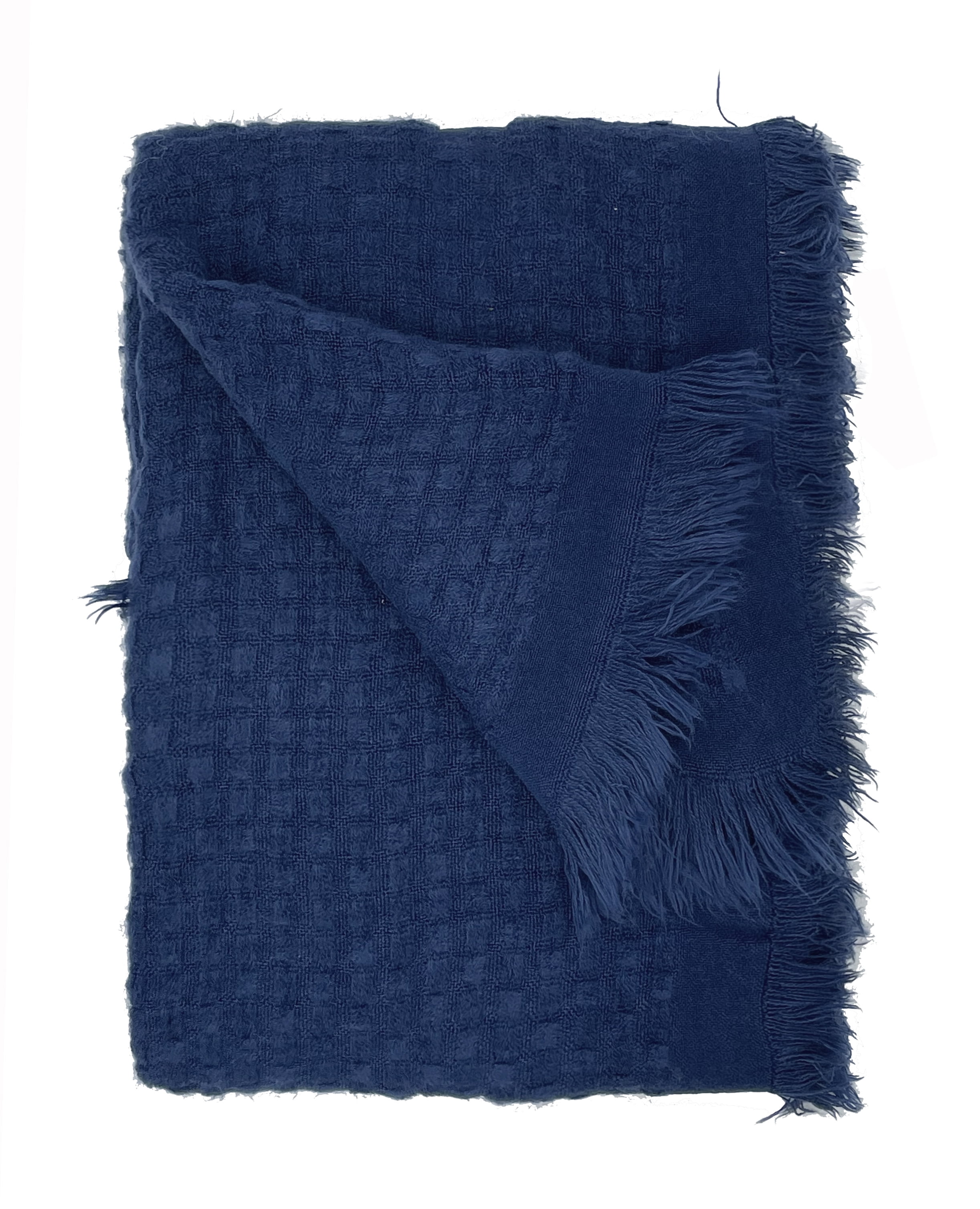 Navy Blue Cotton Waffle Weave Throw Blanket with Fringe