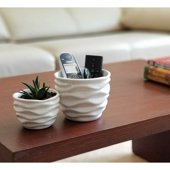 K-Cliffs White Ceramic  Pots, Modern Design Waving  Set of 2 Small Pot-3.9Dia*2.9H inches (Opening--3.3 inches);Large pot-5.1Dia*4.1H inches(Opening -4.4