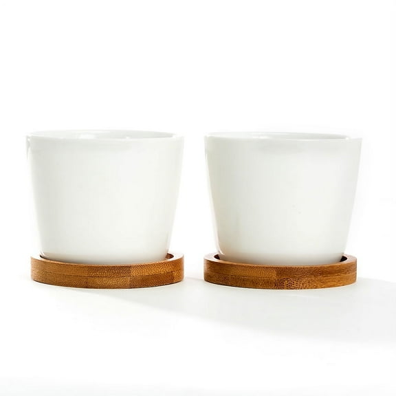 K-Cliffs White Modern Oval Ceramic Succulent Pots with Bamboo Tray, Set of 2, 3.5Dia x 3H inches, Pot- 3.5Dia x 2.6H inches, Saucer- 3.5Dia x 0.5H inches"