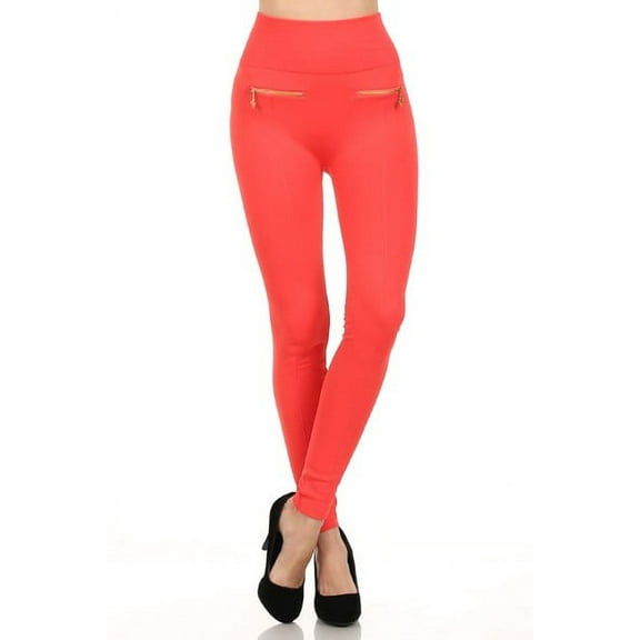 K-Cliffs Women's Fleece Legging Pants with 2 Gold Zippers & Seams in Front,  Color Coral,  One Size