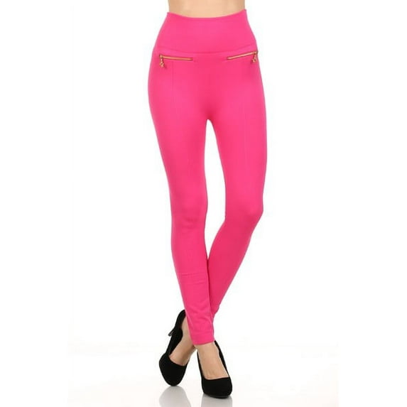 K-Cliffs Women's Fleece Leggings in Solid Color with 2 Gold Zippers & seams on Front, Fuchsia, One-size