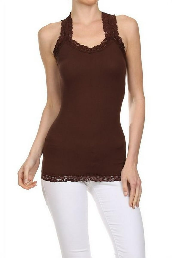 Women's -Junior's One Size V-Neck Racer Back Lace Strap Tank, Brown