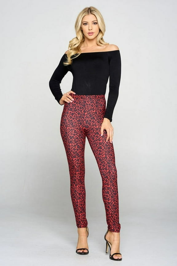 Women's One Size Classic Leopard Print Peach Skin Leggings Red, Polyester