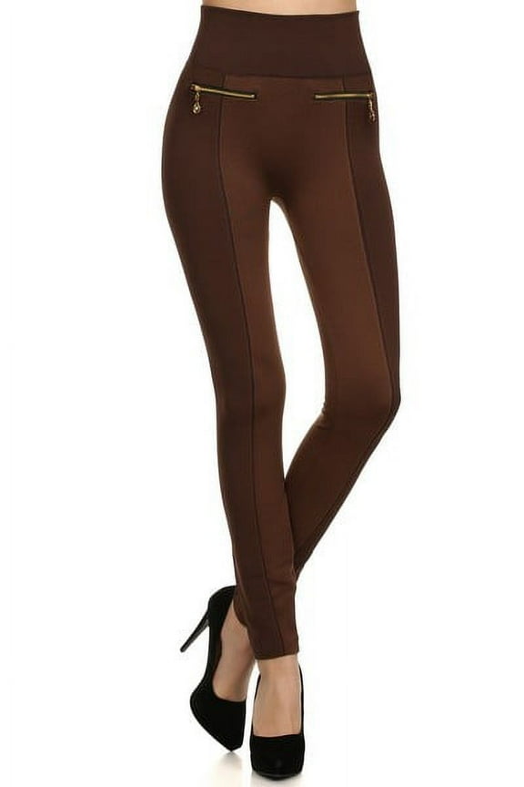Women's One Size Two-Tone 4" High Rise Leggings with Double Zipper, Coffee, 95% Polyester, 5% Spandex