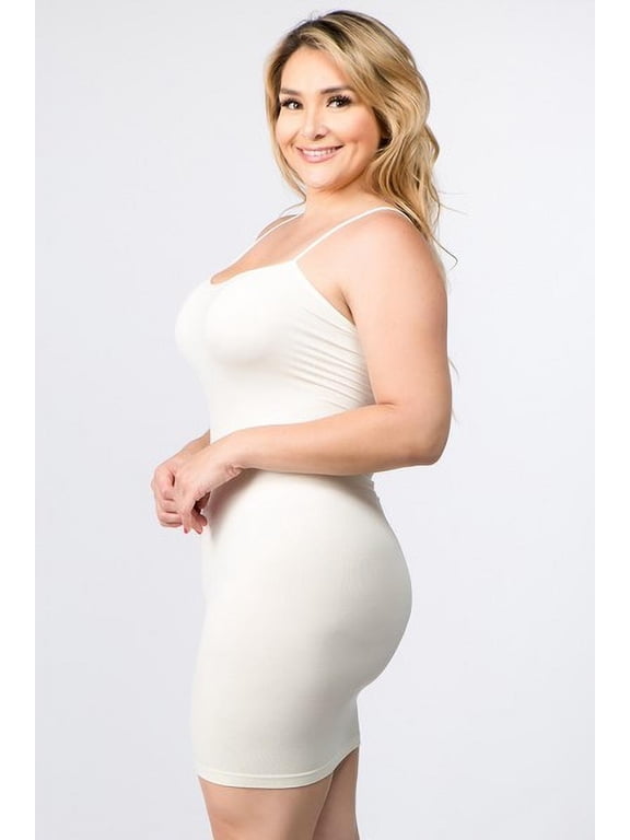 Women's Plus Size Seamless Spaghetti Straps Cami Slip Bodycon Tank Dress, Ivory One size, 95% Polyester , 5% Spandex