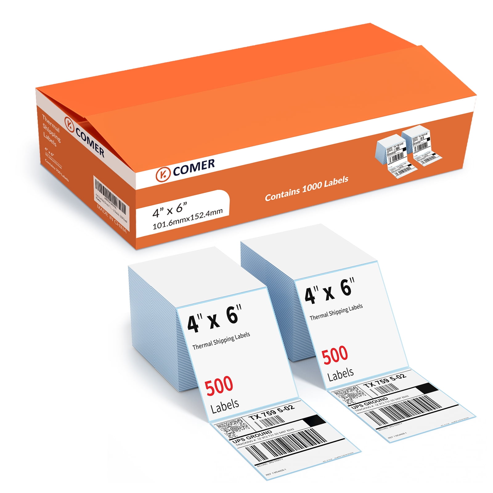 K Comer 4" x 6" Thermal Shipping Labels (2 Stacks, 1000 PrinterLabels