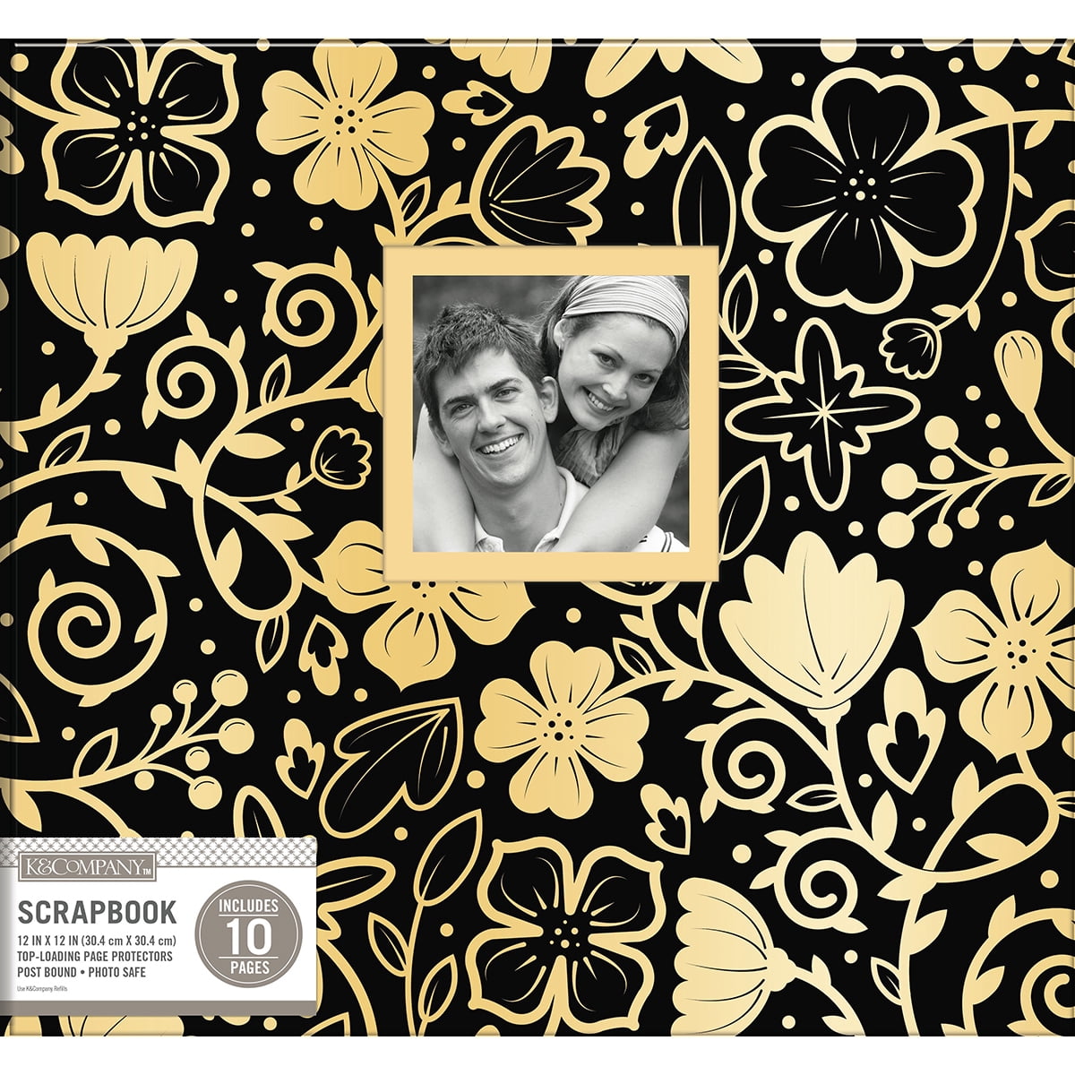 K&Company Post Bound Window Album 12"X12"-Black W/Gold Floral