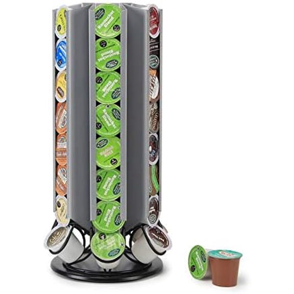 K Cup Carousel Rack K Pods Storage for Keurig K-Cup Pods, 360 Degree Pods Storage Holders Stand 48 Pods K Cups (Silver Black)