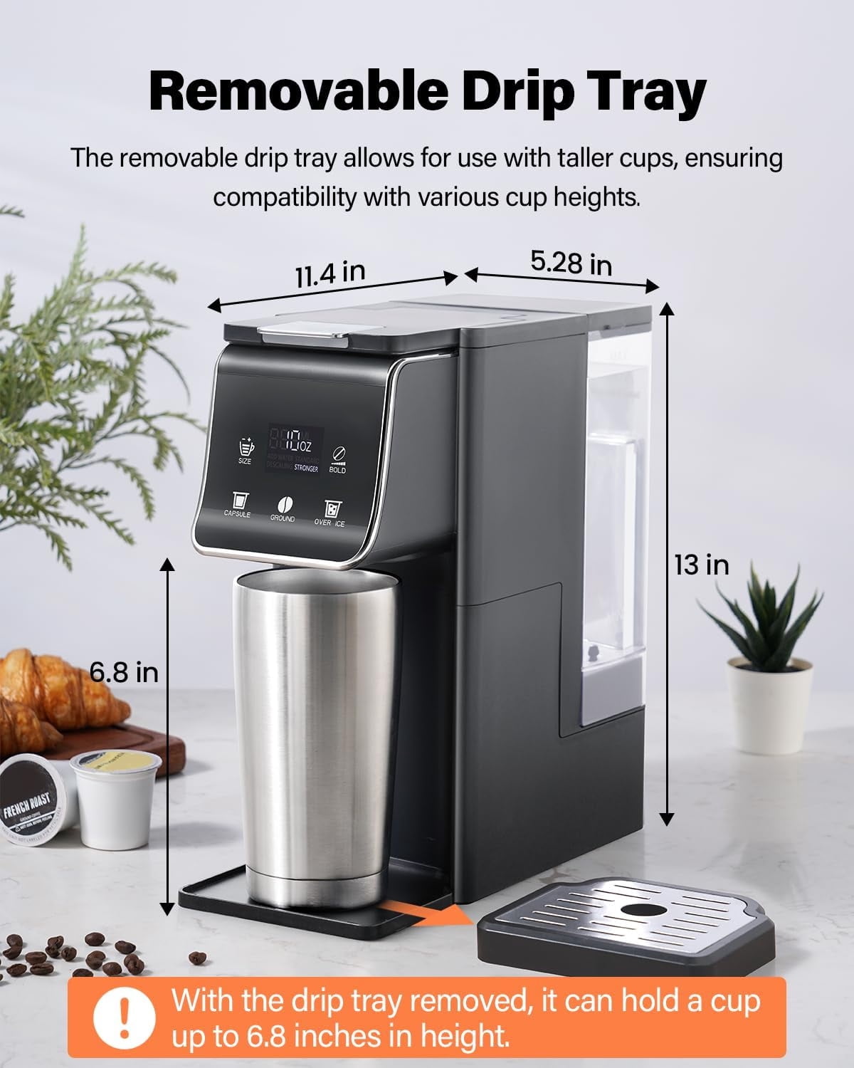 K Cup Coffee Maker With Bold Setting, Single Serve Hot & Iced Coffee Maker for K-Cup and Grounds, 52oz Removable Reservoir, 6 to14oz Brew Sizes, Pod Coffee Machine With Reusable Filter, Gray