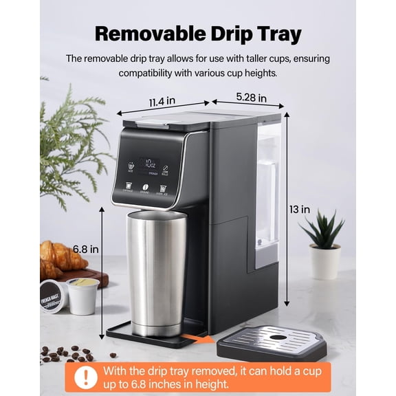 K Cup Coffee Maker With Bold Setting, Single Serve Hot & Iced Coffee Maker for K-Cup and Grounds, 52oz Removable Reservoir, 6 to14oz Brew Sizes, Pod Coffee Machine With Reusable Filter, Gray