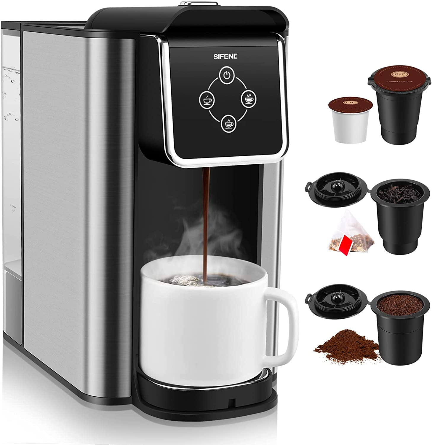 Sifene Single Serve Coffee Machine, 3 In 1 Pod Coffee Maker For K-Cup  Capsule Pod, Ground Coffee Brewer, Leaf Tea Maker, 6 To 10 Ounce Cup,  Removable