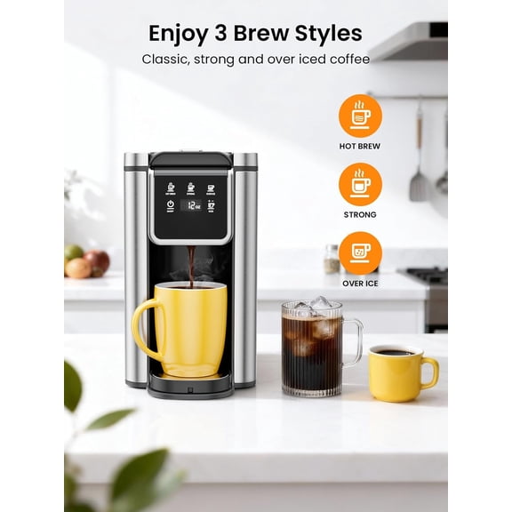 K Cup Coffee Maker with Strong Brew Setting, 50oz Removable Tank, 6-14 oz Brew Sizes Hot & Iced Coffee Machine for K-Cup and Grounds, Descaling Reminder, Stainless Steel,Black