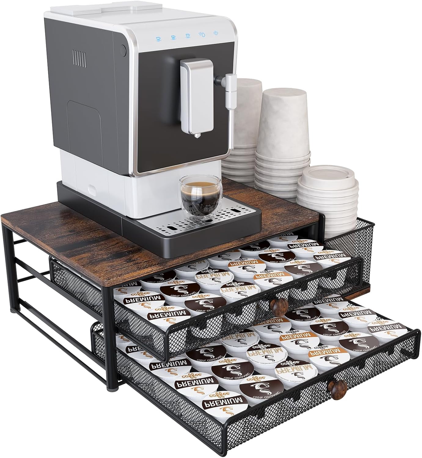 Samhe Wood Coffee Bar Organizer With Drawer - 5 Compartments For Cups, Pods, Syrups & Coffee Station Accessories - View #11