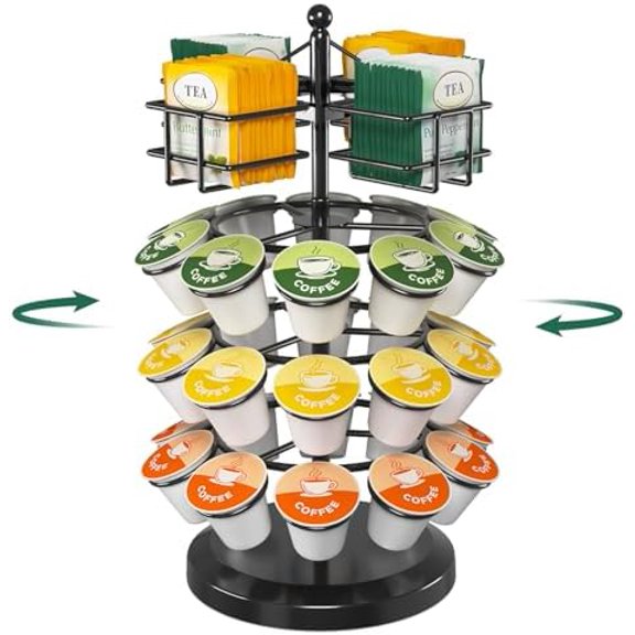 K Cup Holder Coffee Pod Organizer Carousel for Countertop, Rotatable Metal 4-Tier Storage Rack Stand for 30 K Cups & Tea Bags, Convenience Meets Elegance