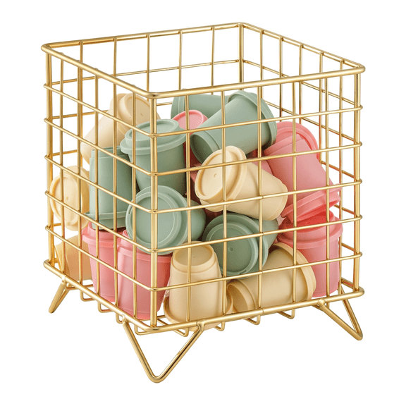 K Cup Holder Organizer, Coffee Bar Accessories Metal Basket 5.3" x 5.3" x 6.3" Coffee Pod Storage Basket, Large Capacity Countertop Organizer for Kitchen Counter & Office Desktop (Gold)