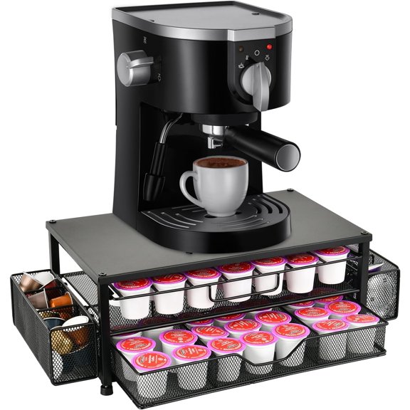 K Cup Holder Organizer Coffee Pod Storage for Counter, 2 Tier Sliding Drawer, Coffee Capsule Organizer for 63 Large or 80 Small Pods, Kitchen Coffee Station Accessory, Black