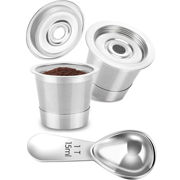 K Cup Reusable Coffee Pods, Stainless Steel Refillable K Cup, Metal K Cups Coffee Pods for Keurig 1.0 Coffee Maker, K Cup Filters, Eco-Friendly, BPA-Free, Silver With Spoon, 2 count