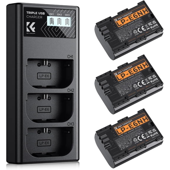 K&F CONCEPT 2600mAh LP-E6NH Battery and 3-Slot Battery Charger Compatible with Canon EOS R7, R6, R5, R, 6D Mark II, 5D Mark IV, 5D Mark III, 5DS, 5DS R, 5D Mark II, 80D/90D/6D/7D, 7D Mark II