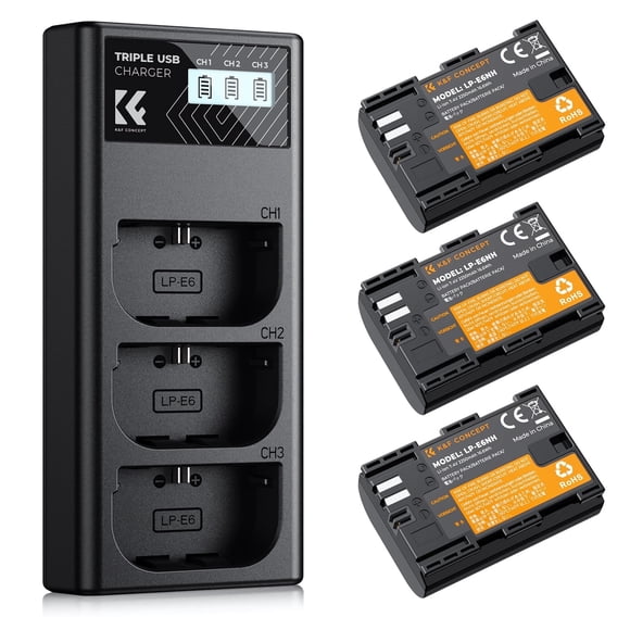K&F CONCEPT 3-Pack LP-E6NH Camera Battery and Triple Slot Charger Compatible with Canon EOS R7, R6, R5, R, 6D Mark II, 5D Mark IV, 5D Mark III, 5DS, 5DS R, 5D Mark II, 80D, 90D, 6D, 7D