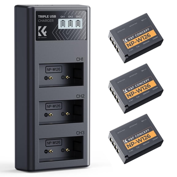 K&F CONCEPT 3-Pack NP-W126 Battery and Upgraded 3-Slot NP-W126S XT30III Battery Charger Compatible with Fujifilm X100vi, X100V, XM5, XE5, XT30II, XT30, X Half, XS10, XT20, XE4, A5 Cameras