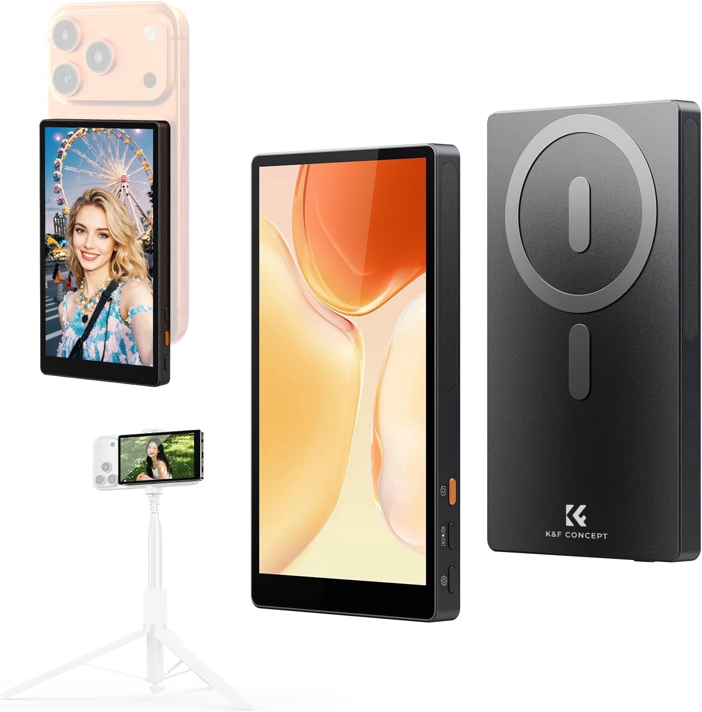K&F CONCEPT 4K/1080p Vlog Selfie Monitor Screen Wireless Magnetic Back Camera  for iPhone Android Phone, Selfie Monitor with 164ft Range, P2P Wireless, Black