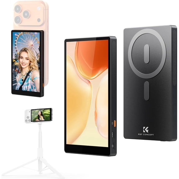 K&F CONCEPT 4K/1080p Vlog Selfie Monitor Screen Wireless Magnetic Back Camera for iPhone Android Phone, Selfie Monitor with 164ft Range, P2P Wireless, Black