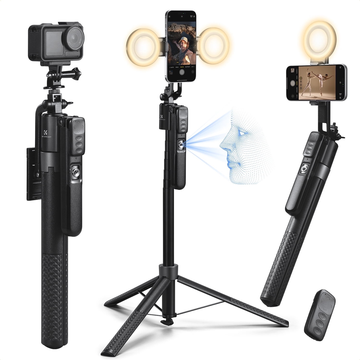 K&F CONCEPT 71" Face Tracking Tripod, Auto Face Tracking Selfie Stick with 2 Fill Lights, Auto Face Tracking Tripod 360 Totation with Stand, Gesture Control, Remote Control