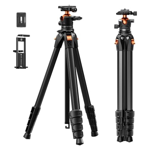 K&F CONCEPT 73" Aluminum Compact Camera Tripod, Portable Travel Tripod Compatible with iPhone, 22 lbs Capacity Arca Swiss Ball Head for DSLR Mirrorless, Laser Level, Hunting
