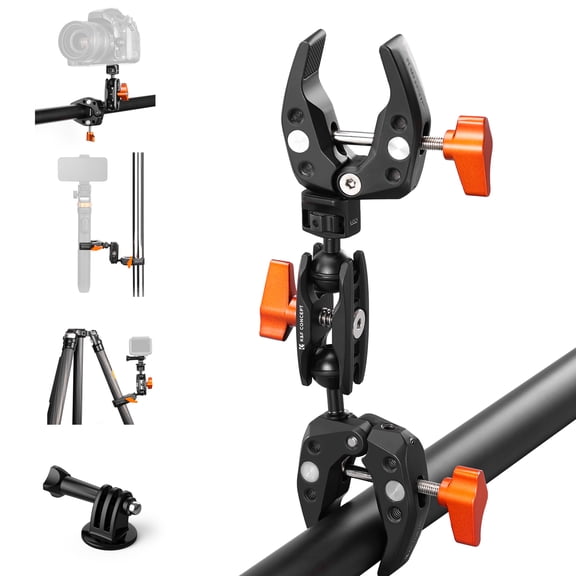 K&F CONCEPT Double Super Clamp Camera Mount with 1/4" Threads Metal Clamp for Chair, Pole, Tripod, Desk, Flag, Umbrella, Motorcycle Mount