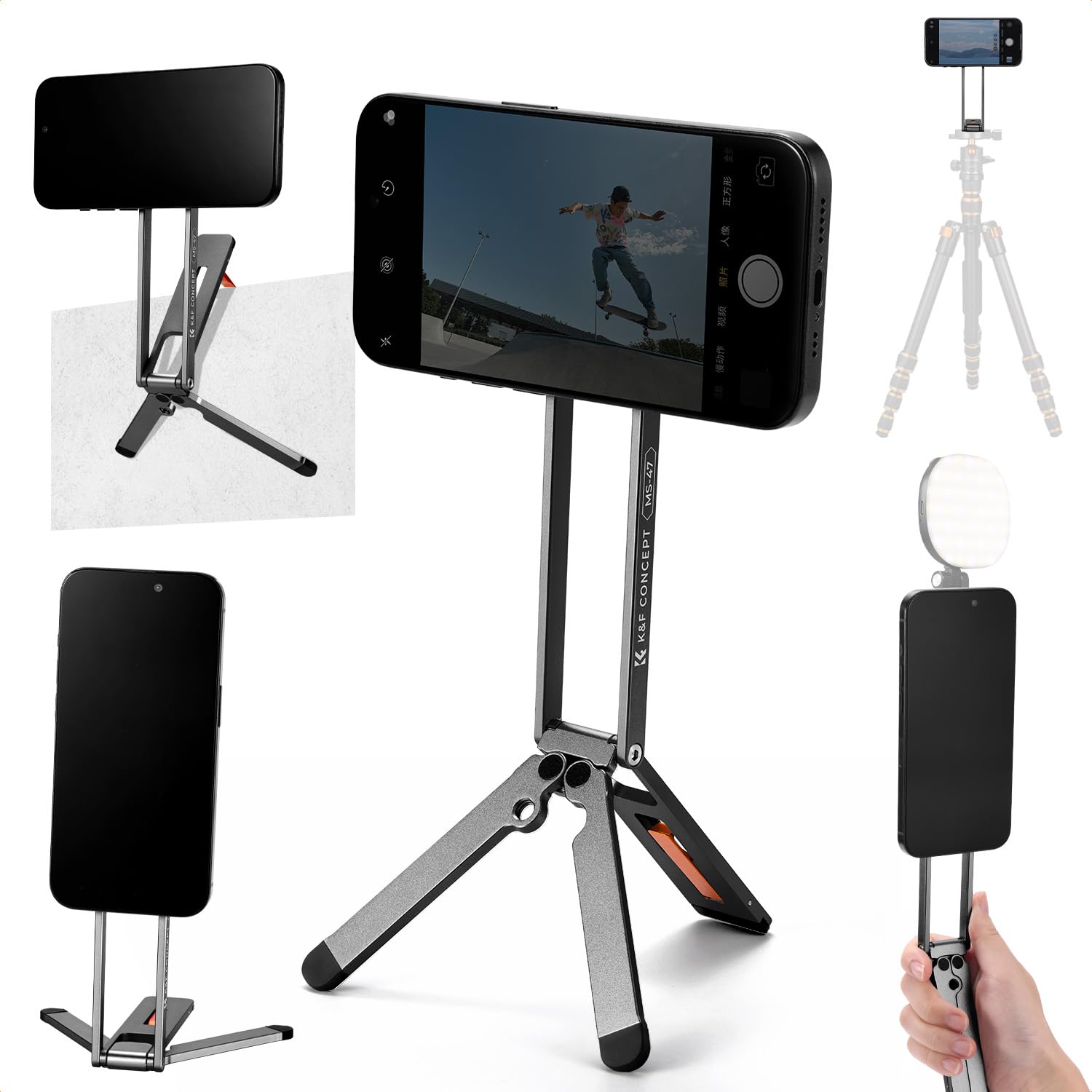 K&F CONCEPT Magnetic Phone Tripod Stand for iPhone, 23N Strong Magnetic Mini Tripod Aluminium Alloy Pocket Selfie Stick, Mag Safe Phone Holder for iPhone 17 16 15 14 13 12 Series(grey)