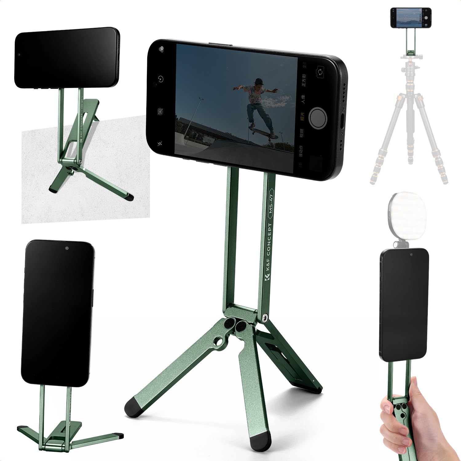 K&F CONCEPT Magnetic Phone Tripod Stand for iPhone, 23N Strong Magnetic Mini Tripod Aluminium Alloy Pocket Selfie Stick, Mag Safe Phone Holder for iPhone 17 16 15 14 13 12 Series(green)