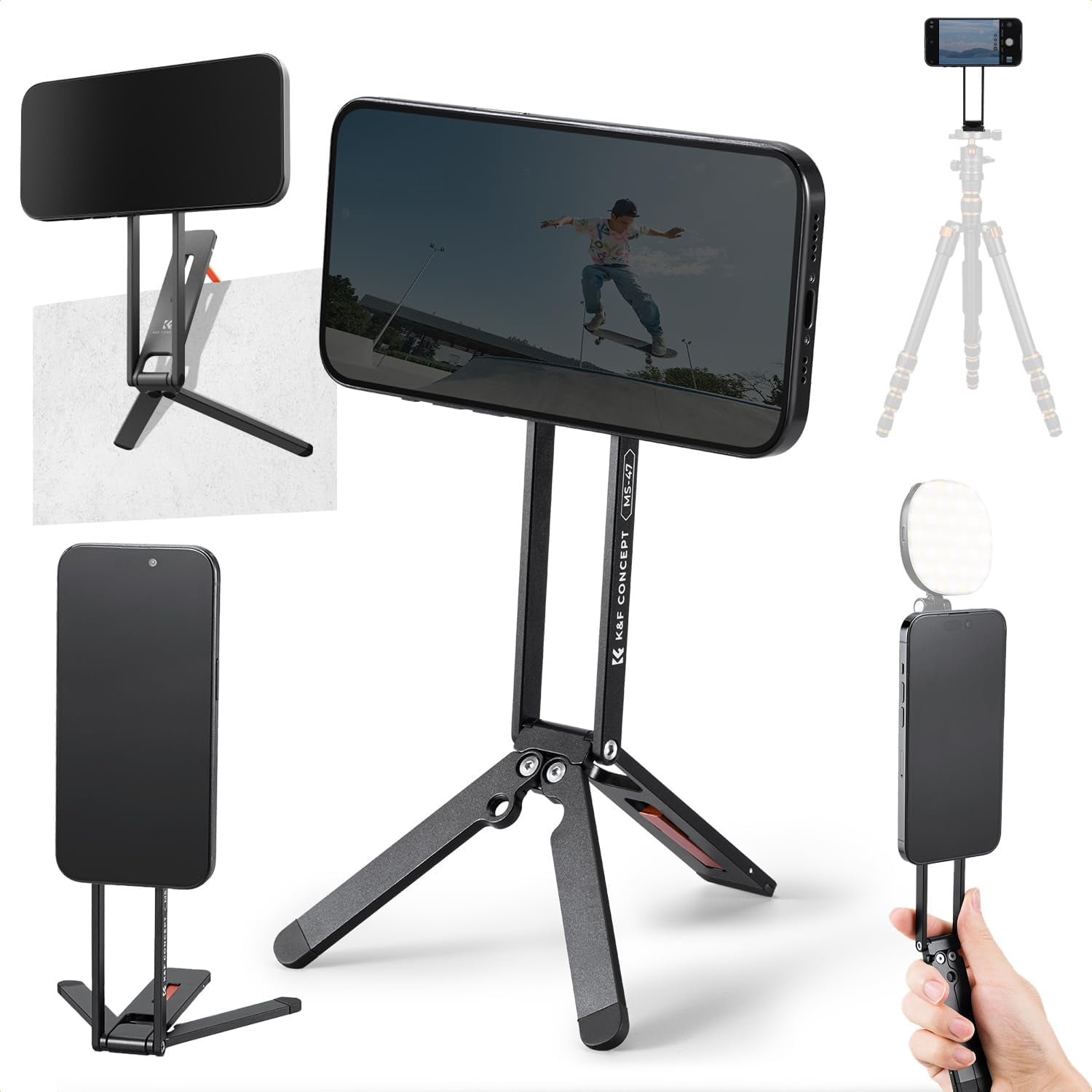 K&F CONCEPT Magnetic Phone Tripod Stand for iPhone, 23N Strong Magnetic Mini Tripod Aluminium Alloy Pocket Selfie Stick, Mag Safe Phone Holder for iPhone 17 16 15 14 13 12 Series(black)