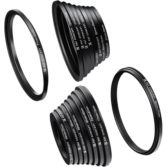 K&F CONCEPT 18 Pieces Filter Ring Adapter Set, Camera Lens Filter Metal Stepping Rings Kit (Includes 9pcs Step up Ring Set + 9pcs Step Down Ring Set) Black