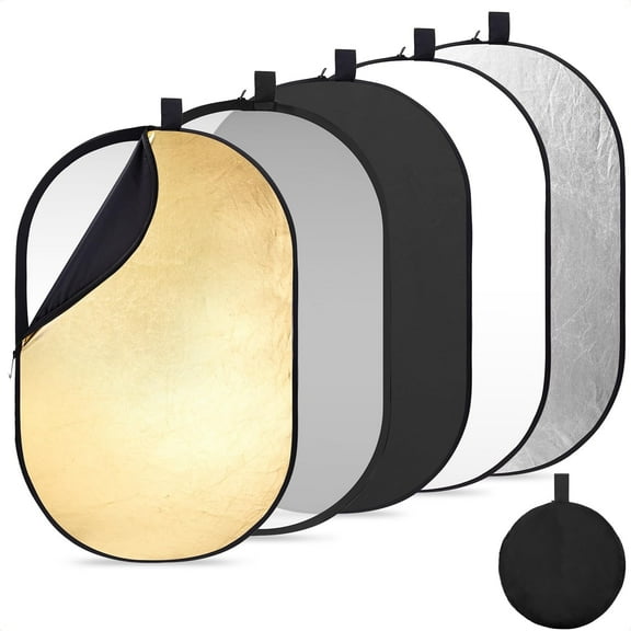 K&F Concept 24" x36(60x90cm) 5-in-1 Oval Foldable Reflector with Carrying Bag, Gold, Silver, Black, White Reflective Fabric and Translucent Soft Fabric for Studio Lighting