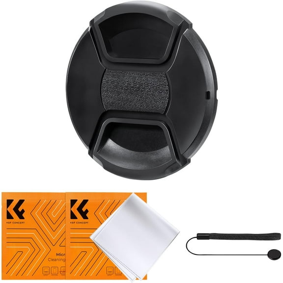 K&F Concept 46mm Lens Cap Cover, 4-in-1 Center Pinch Lens Cover + Anti-Loss Keeper Leash + Microfiber Cleaning Cloth Kits