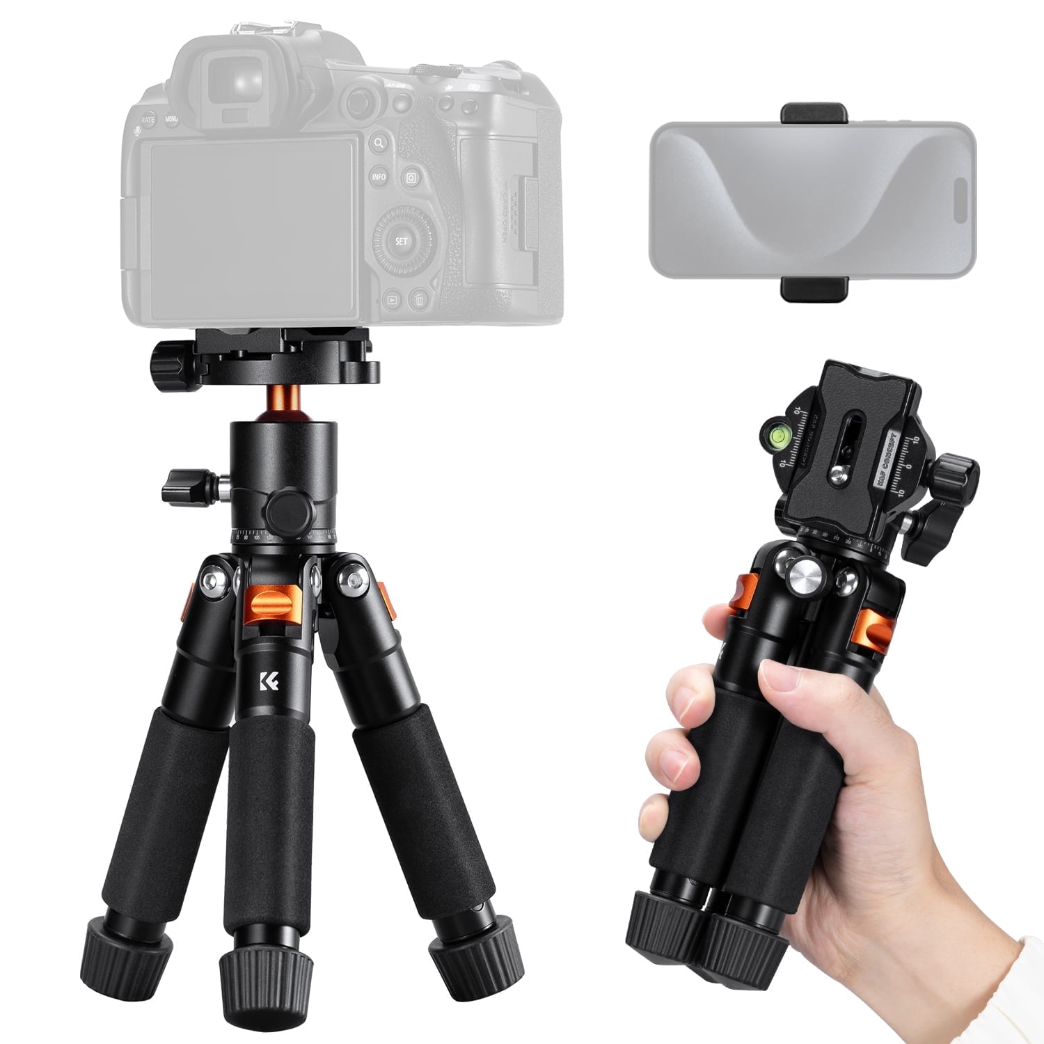 K&F CONCEPT 55cm Folding Aluminum Alloy Tabletop Mini Tripod with BH-25L Low-Center-of-Gravity Ball Head, 1/4" Quick Release Plate, Phone Clamp