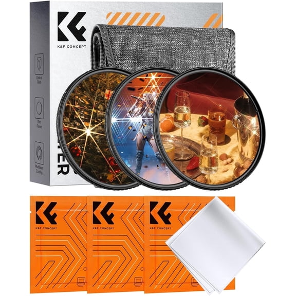 K&F CONCEPT 58mm Star Filters Kit (3pcs) 4 Points 6 Points 8 Points Cross Screen Starburst Filters Set -18 Layer Coating Ultra Slim Optical Glass Camera Lens Filter with 3 Cleaning Cloth
