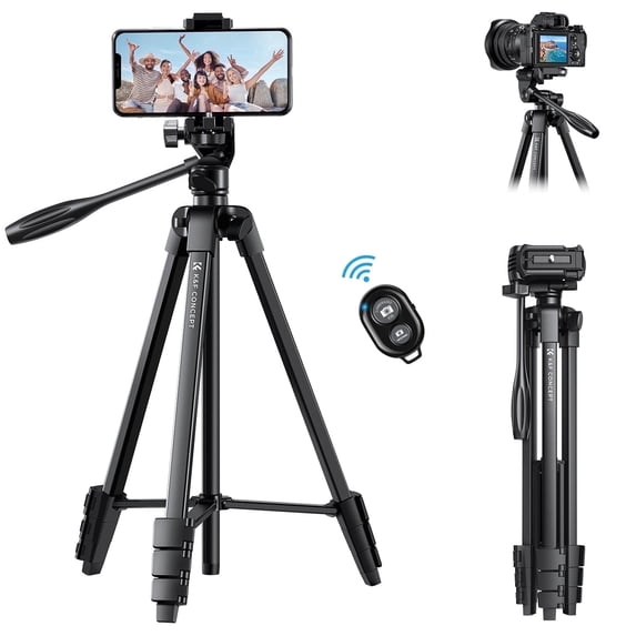 K&F CONCEPT 60" Ultra Lightweight Photography Tripod, Portable Travel Camera Tripods with Remote and Cellphone Holder, 360° Panorama, Cold Shoe Interface