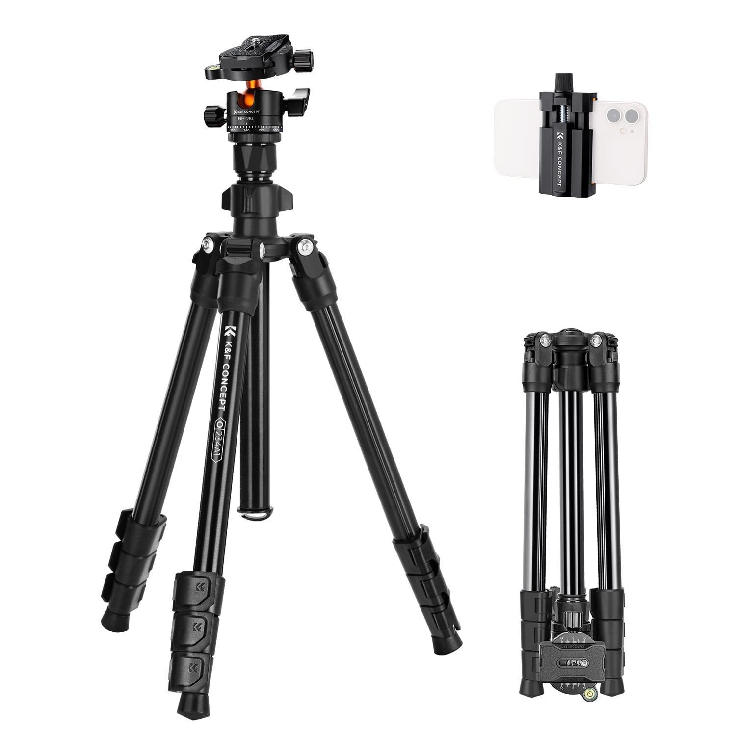 K&F Concept 63.8"/1.63m Aluminum Camera Tripod for DLSR Camera,22lbs/10kg Load Travel Tripod with Bag, 360 Degree Ball Head, Mobile Phone Clip