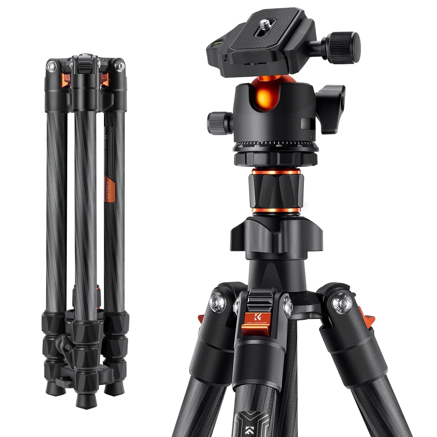 K&F CONCEPT 64"/1.6m Carbon Fiber Camera Tripod with 360 Degree Ball Head,Lightweight 8kg/17.6lbs Load Travel Quick Release Plate for DSLR Cameras Indoor Outdoor