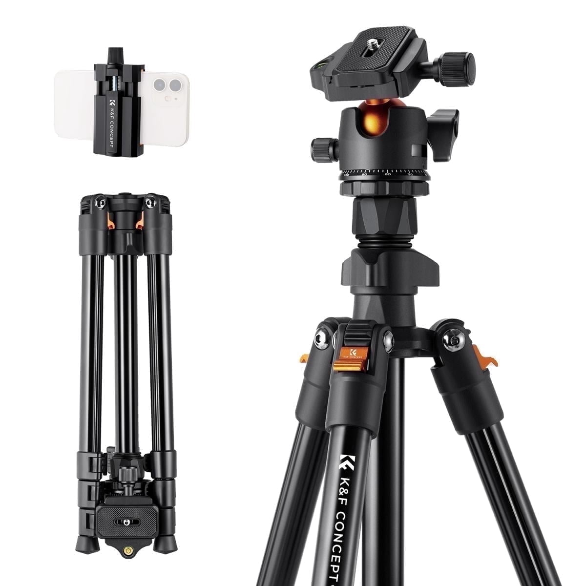 K&F Concept 64" Lightweight Aluminum Camera Tripod, 17.6lbs/8kg Load Compact Vlog Travel Tripod with 360 Degree Ball Head for DSLR Cameras