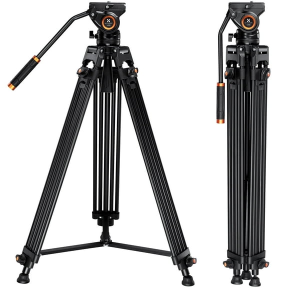 K&F Concept 72"/1.8m Aluminum Video Tripod with Transverse Center Column, 17.6lbs/8KG Camera Tripod with Fluid Head for DSLR Camcorders