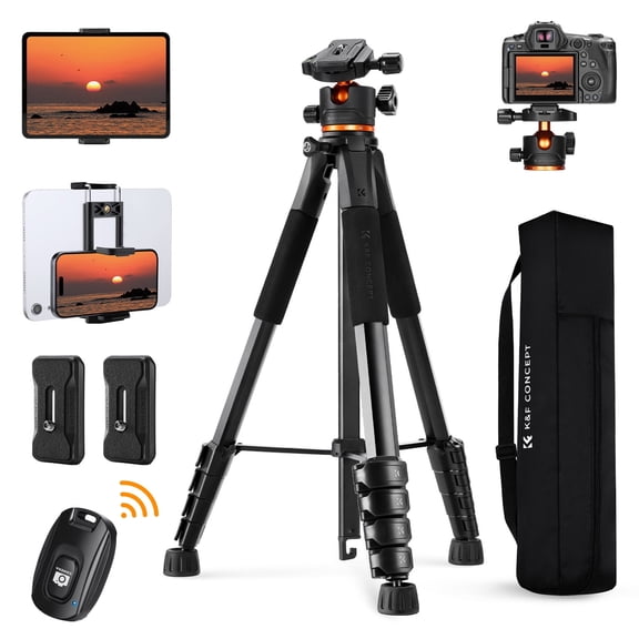 K&F CONCEPT 75" Camera Tripod, Lightweight Travel Outdoor DSLR Tripods with 360 Degree Ball Head Load Capacity 17.6lbs, with Cellphone Clip and Remote Control